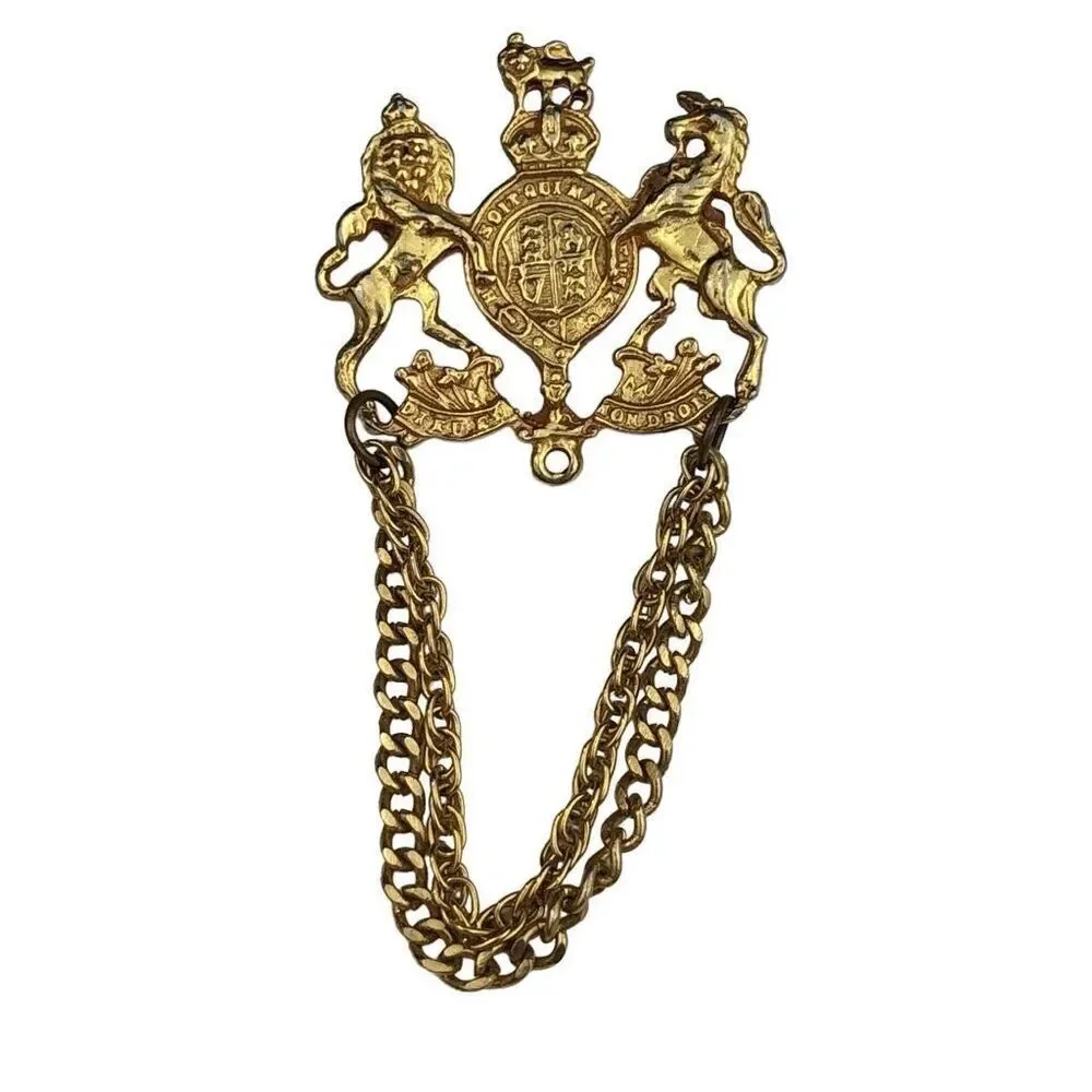 Vintage British Heraldic Double Chain Brooch Cloak Clasp Lion Crest